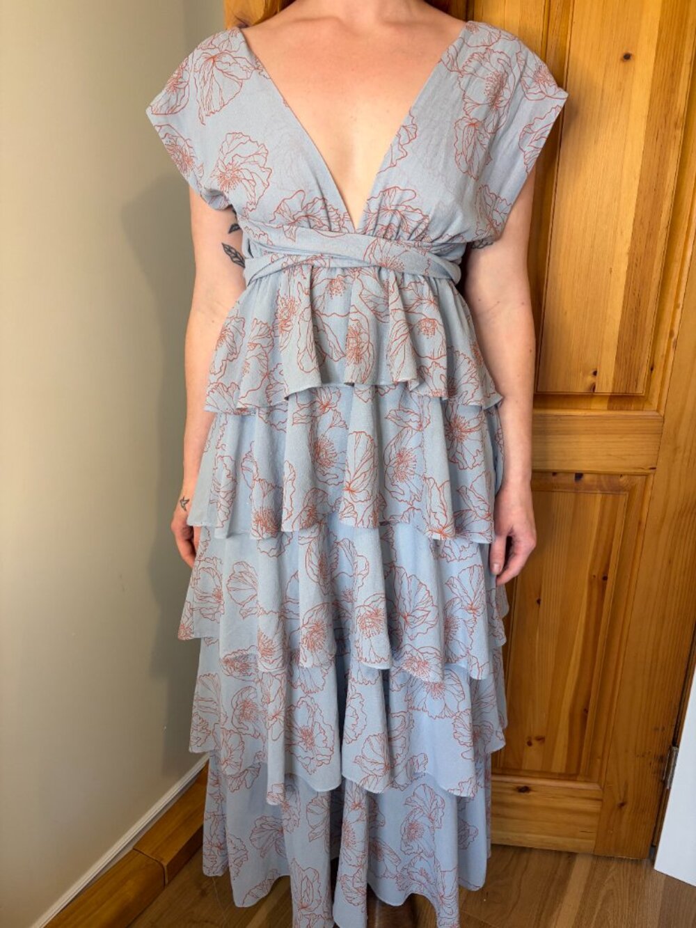 Lulus Floral Ruffle Convertible Tie Midi Dress Wedding Guest Multi-Way Size M